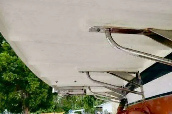 Linda Lou Yacht Photos Pics Underside of a 2018 Legacy 36 boat with metal brackets.