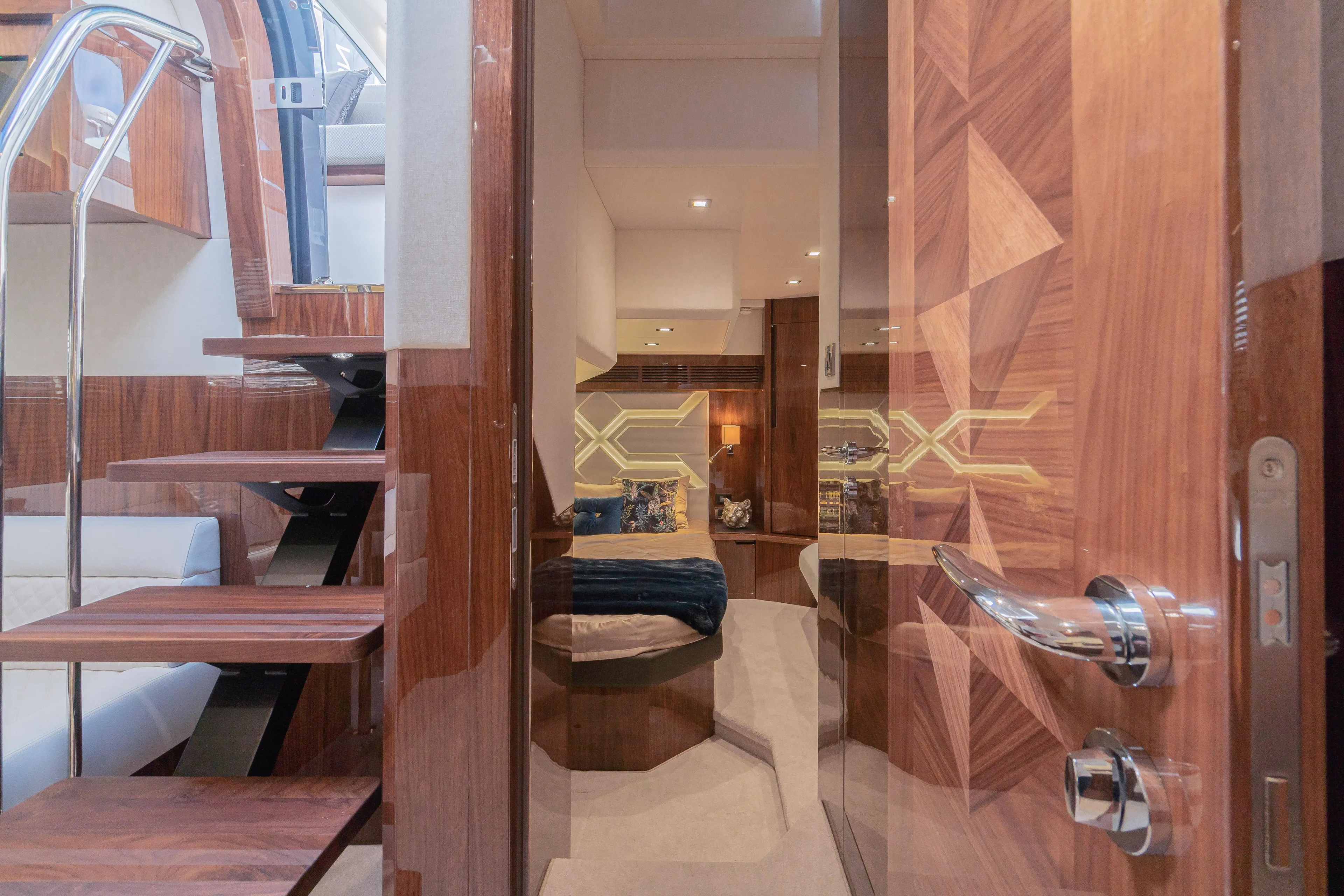 Lady C Yacht Photos Pics Luxurious interior of 2022 Galeon 485 HTS yacht with wooden finishes and modern design.