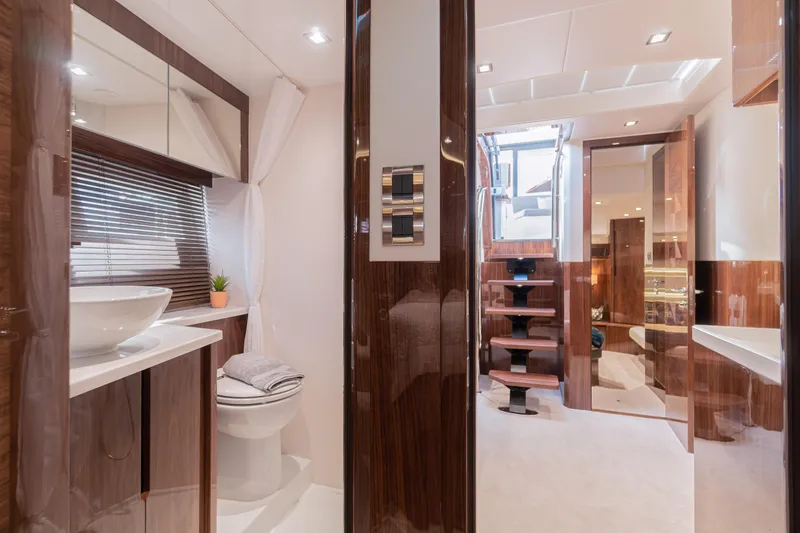 Lady C Yacht Photos Pics Luxurious bathroom interior of 2022 Galeon 485 HTS yacht with modern fixtures and elegant design.