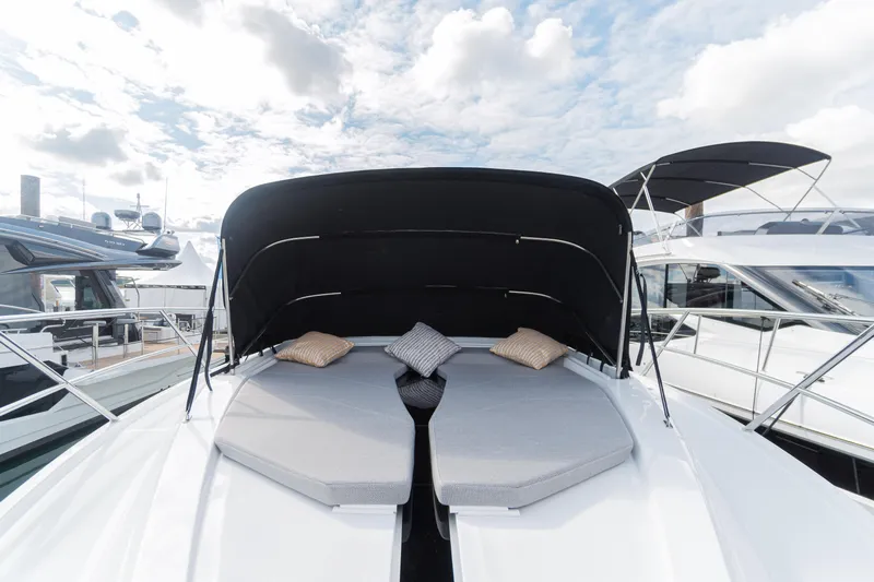 Lady C Yacht Photos Pics 2022 Galeon 485 HTS yacht with sunbed and canopy on deck.