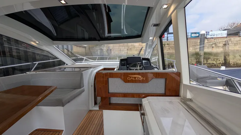 Lady C Yacht Photos Pics Interior of 2022 Galeon 485 HTS yacht with modern design and wood accents.