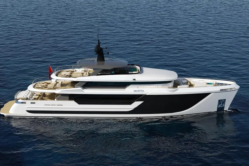  Yacht Photos Pics Luxurious 2027 KRC Yachts Sagitta cruising on open sea, showcasing sleek design and elegance.