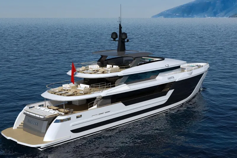  Yacht Photos Pics Luxurious 2027 KRC Yachts Sagitta cruising on open sea, showcasing sleek design and spacious decks.