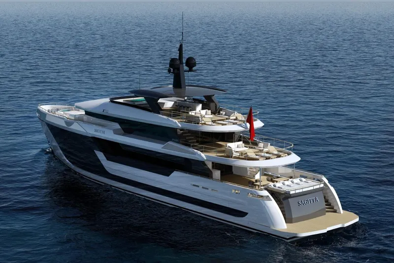 Yacht Photos Pics Luxurious 2027 KRC Yachts Sagitta cruising on open sea, showcasing modern design and elegance.