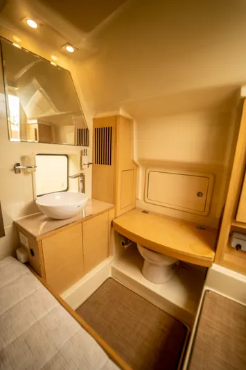 Lady Liberty Yacht Photos Pics 2018 Chris-Craft Catalina 34 bathroom interior with modern sink and toilet.