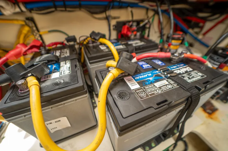 Lady Liberty Yacht Photos Pics Batteries in 2018 Chris-Craft Catalina 34 boat, connected with yellow and red cables.