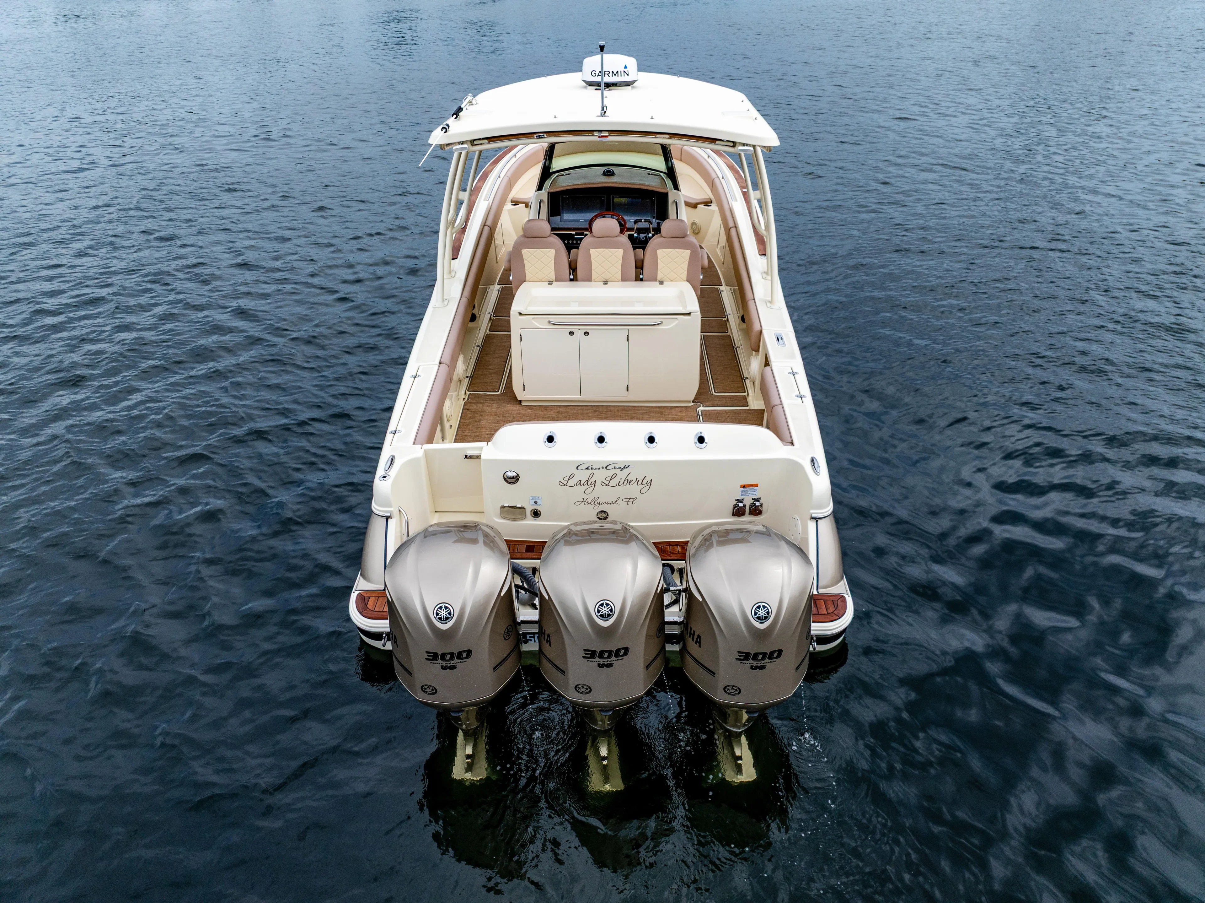 Lady Liberty Yacht Photos Pics 2018 Chris-Craft Catalina 34 boat with triple Yamaha 300 engines on water.