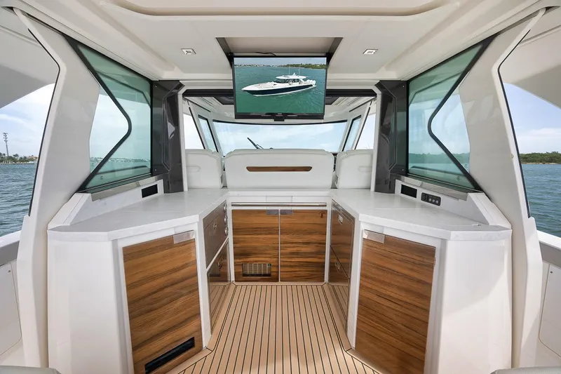 Sea Ya Yacht Photos Pics Interior of 2022 Tiara Sport 48LS yacht with modern design and wood accents.