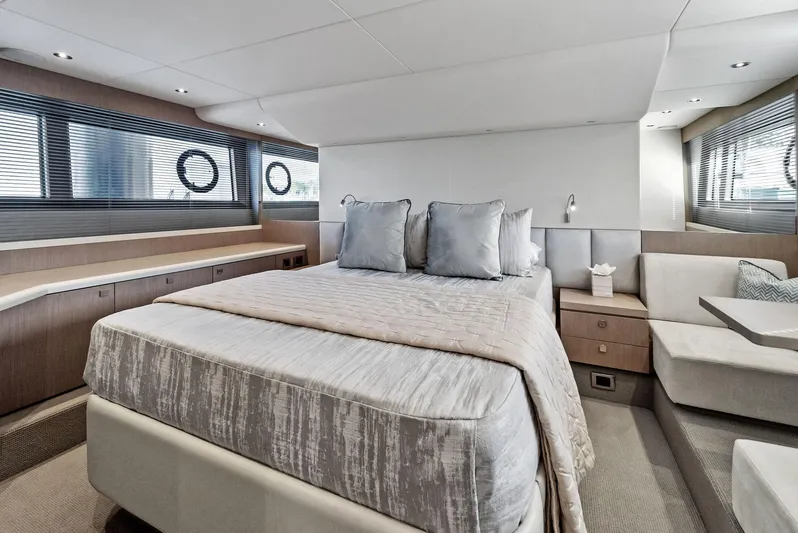 Almost Heaven Yacht Photos Pics Luxurious 2021 Sunseeker Manhattan 52 yacht bedroom with modern design and elegant furnishings.