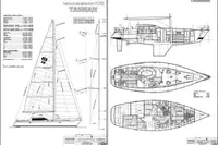 Blueprint of 1999 Custom Tasman 48 sailboat, showcasing detailed design and layout.