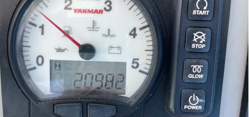  Yacht Photos Pics Close-up of a Yanmar engine control panel on a 2018 Leopard 40 boat.