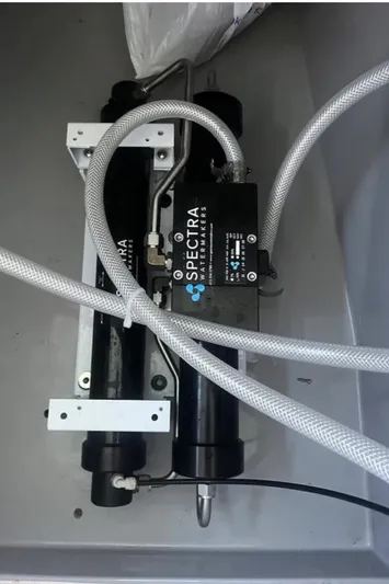  Yacht Photos Pics Spectra watermaker system in a 2018 Leopard 40 yacht, featuring hoses and components.