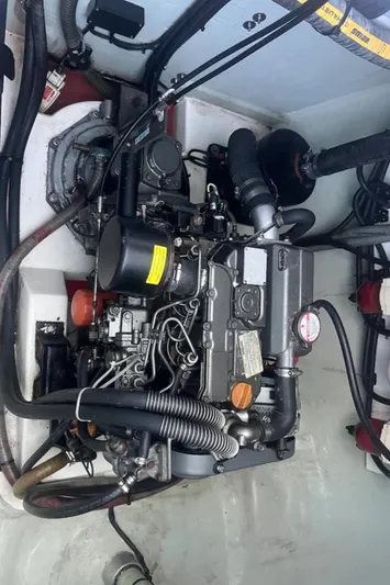  Yacht Photos Pics Engine compartment of a 2018 Leopard 40 catamaran, showcasing detailed mechanical components.