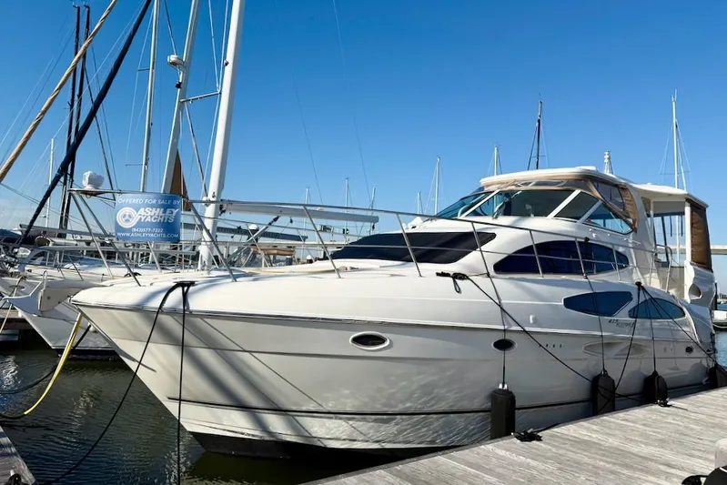 No Worries Yacht Photos Pics 2006 Cruisers Yachts 415 Express Motoryacht docked at marina under clear blue sky.