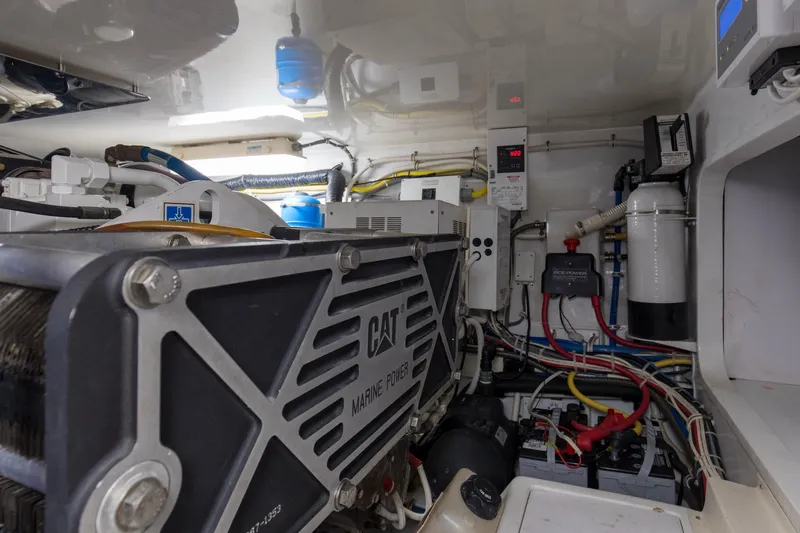 Lady A Yacht Photos Pics Engine room of 2008 Hatteras 54 Convertible yacht with CAT marine power system.