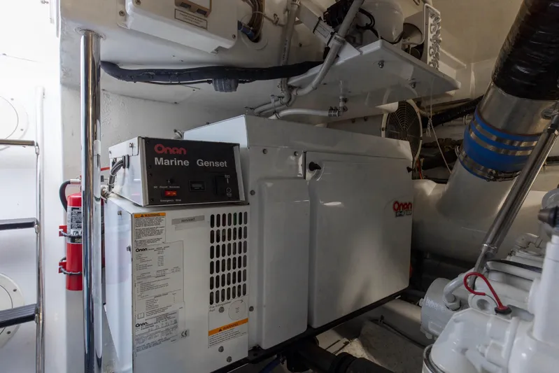 Lady A Yacht Photos Pics Engine room of 2008 Hatteras 54 Convertible with Onan Marine Genset.