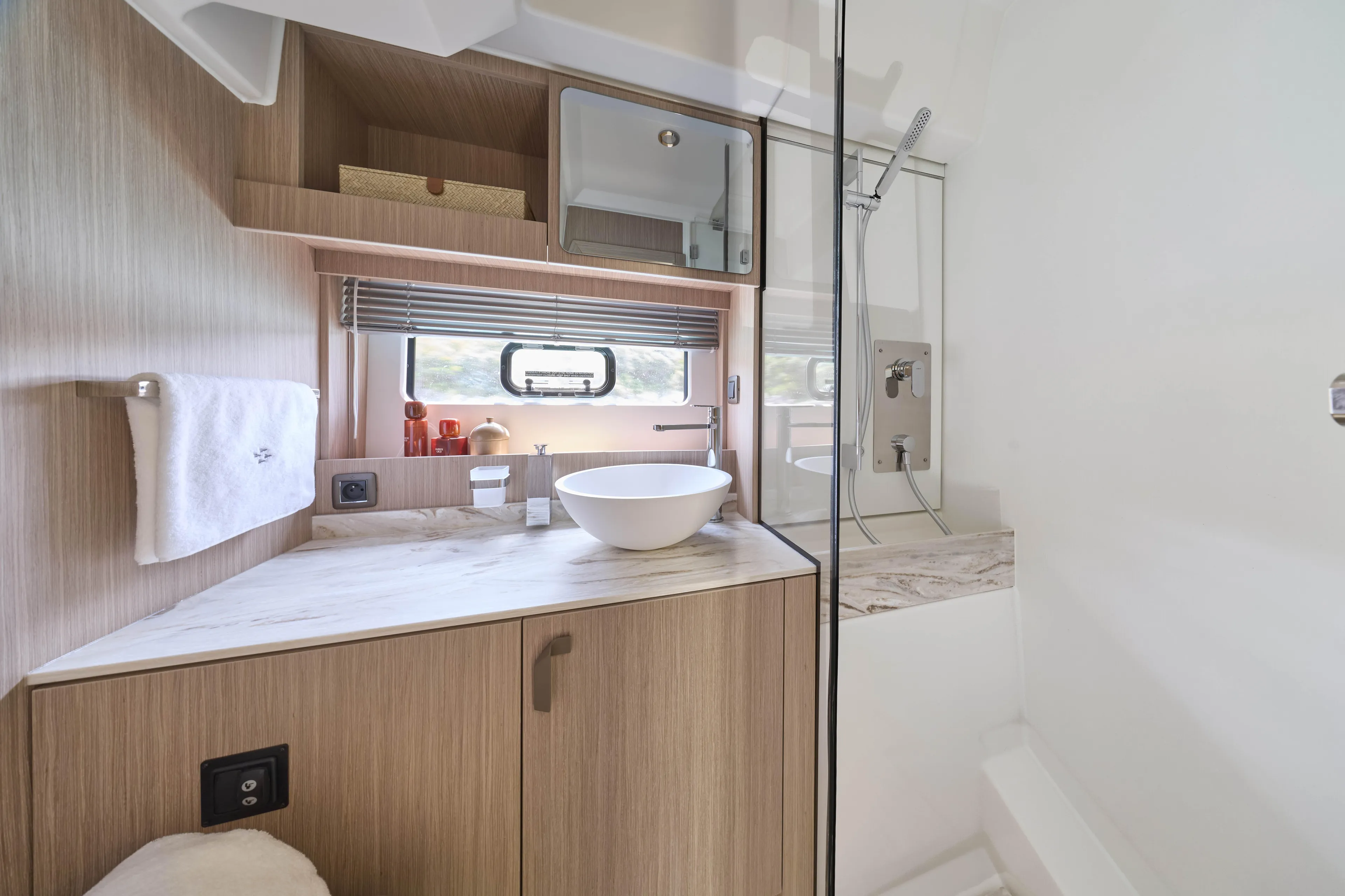  Yacht Photos Pics Modern bathroom in 2026 Prestige F4.3 yacht with sleek design and elegant fixtures.