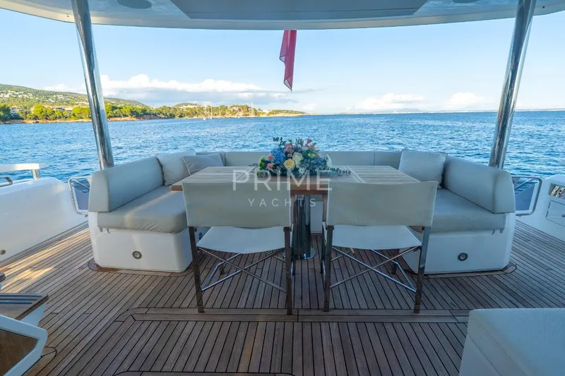 Lady M Yacht Photos Pics Luxurious Sunseeker 76 Yacht 2019 with elegant deck seating and ocean view.
