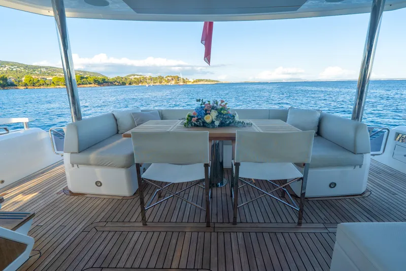 Lady M Yacht Photos Pics Luxurious 2019 Sunseeker 76 Yacht deck with elegant seating and ocean view.