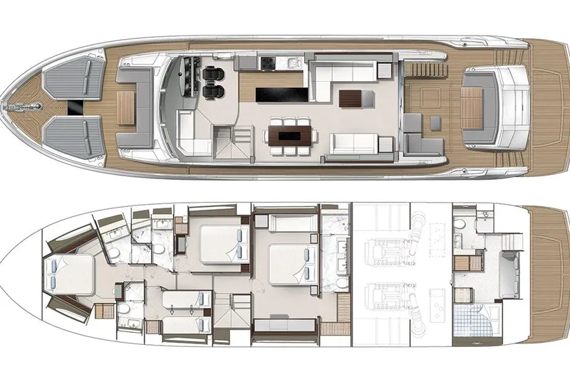 Lady M Yacht Photos Pics Floor plan of 2019 Sunseeker 76 Yacht, showcasing luxurious interior and spacious layout.