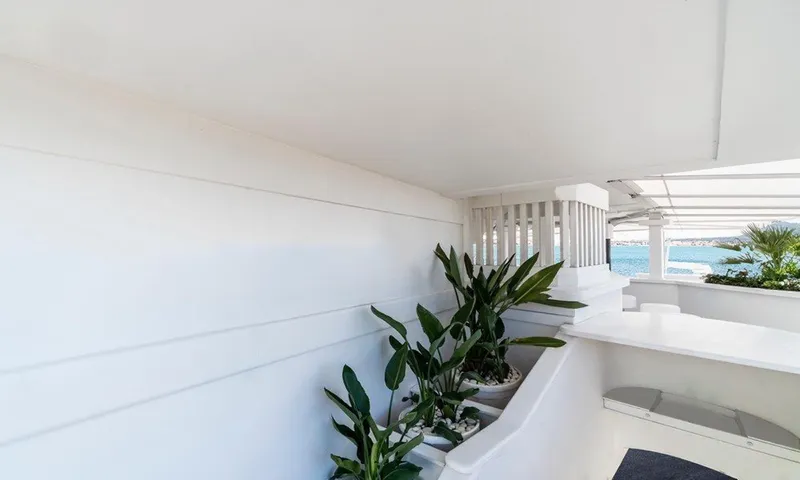  Yacht Photos Pics White minimalist interior with plants and ocean view, Custom model 42, 1983.