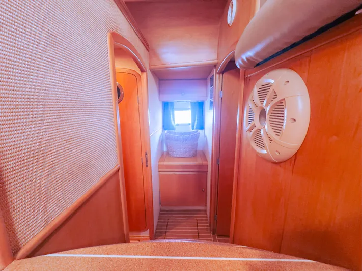 Leilani Yacht Photos Pics Luxurious yacht interior hallway with wooden paneling, 2005 custom model.