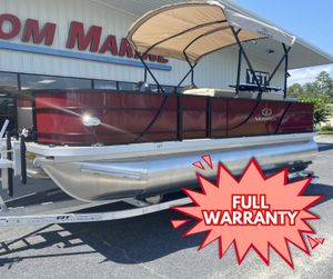 2023 Veranda Fish VF20F4 pontoon boat with full warranty, displayed at a marine dealership.