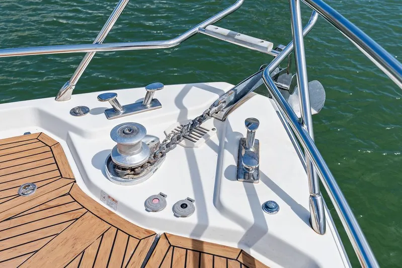 Minion Yacht Photos Pics Bow of 2014 Cranchi 56 HT yacht with anchor system and teak decking.