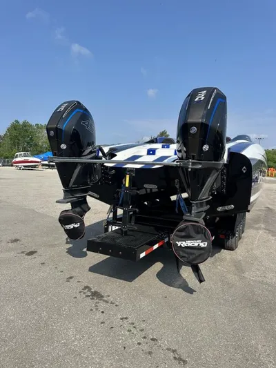  Yacht Photos Pics 2018 Wright Performance 420 boat with dual Mercury outboard engines on a trailer.