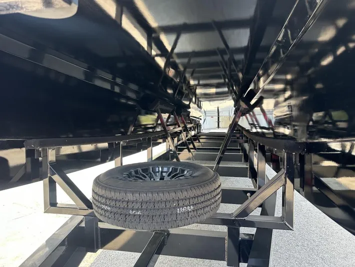  Yacht Photos Pics Underneath view of a 2018 Wright Performance 420 boat trailer with spare tire.