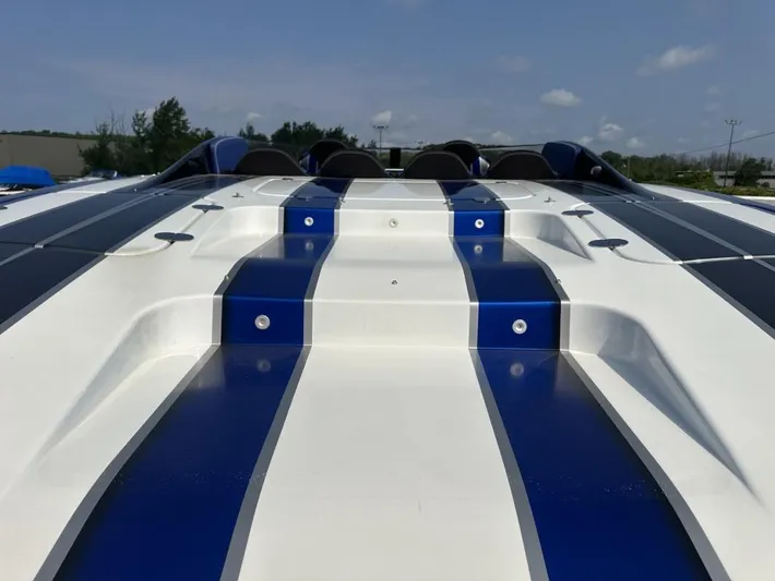  Yacht Photos Pics 2018 Wright Performance 420 boat with sleek blue and white design, viewed from the rear.