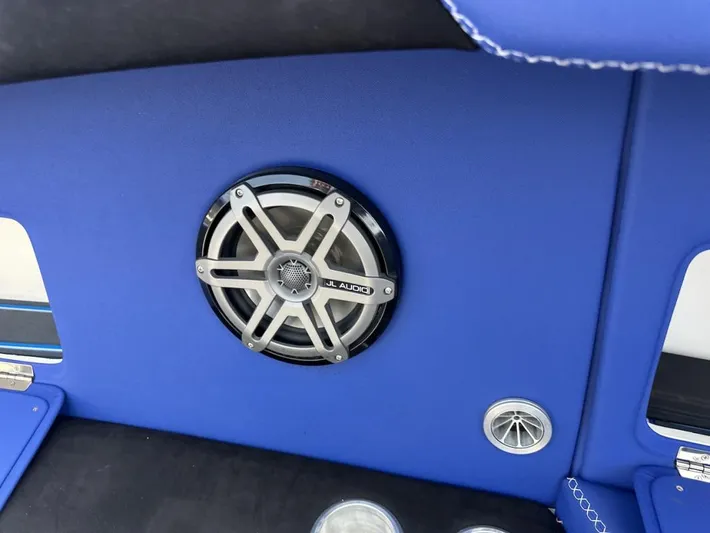  Yacht Photos Pics Blue interior of 2018 Wright Performance 420 with JL Audio speaker system.