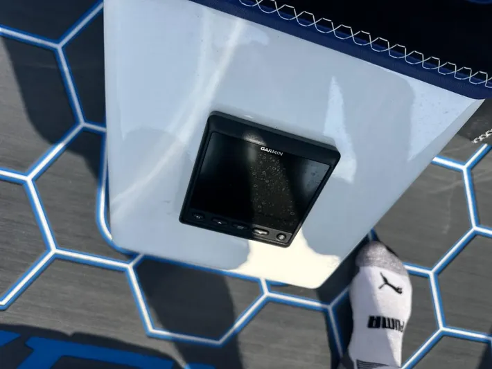  Yacht Photos Pics Garmin device on Wright Performance 420 boat, 2018 model, with hexagonal patterned flooring.