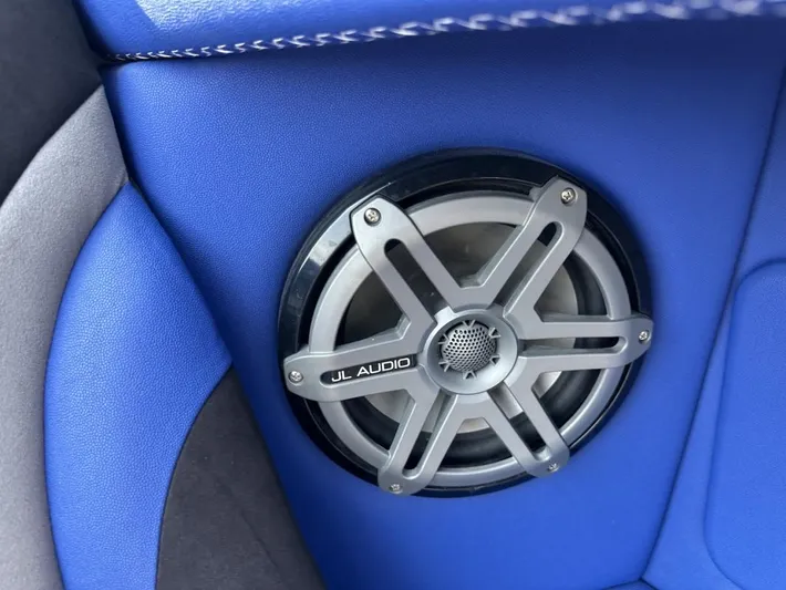  Yacht Photos Pics JL Audio speaker in blue interior of 2018 Wright Performance 420 boat.