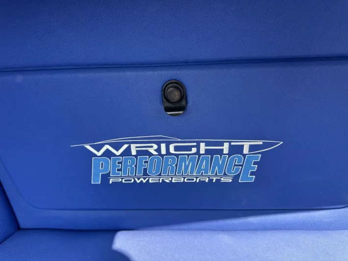  Yacht Photos Pics Blue interior of 2018 Wright Performance 420 powerboat with logo.
