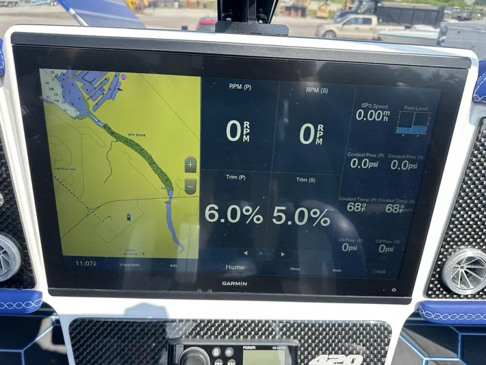  Yacht Photos Pics Garmin marine display on 2018 Wright Performance 420 showing navigation and engine data.