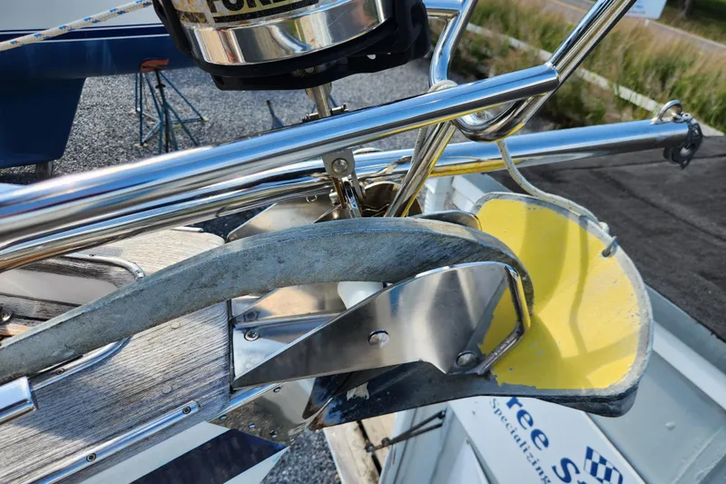 Glendora Yacht Photos Pics Bow of 2007 Hallberg-Rassy 37 yacht with anchor and stainless steel fittings.