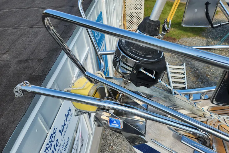 Glendora Yacht Photos Pics Bow of 2007 Hallberg-Rassy 37 yacht with stainless steel fittings and anchor system.