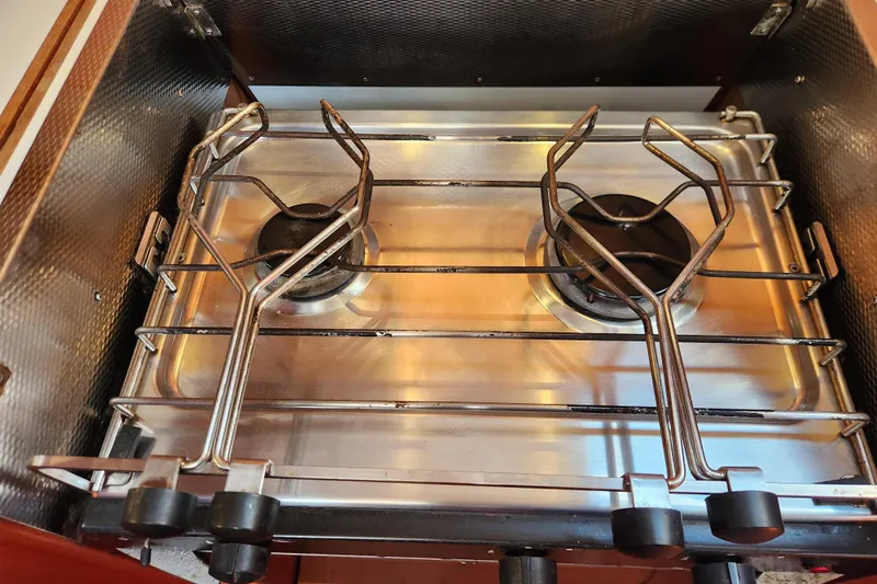 Glendora Yacht Photos Pics Two-burner stove in a 2007 Hallberg-Rassy 37 yacht kitchen.