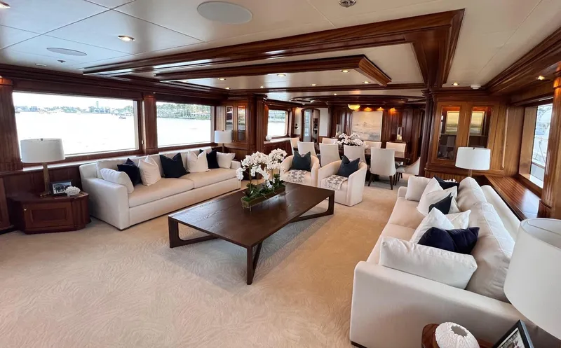 Miss Stephanie Yacht Photos Pics Luxurious interior of 2004 Richmond Yachts Semi-Displacement with elegant seating and wooden accents.