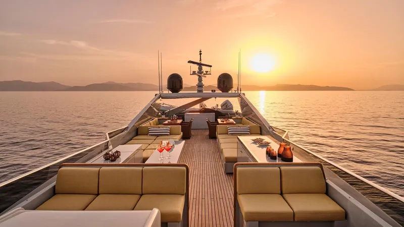 Kintaro Yacht Photos Pics Luxurious Cantieri di Pisa Akhir 38 yacht deck at sunset, 2005 model.