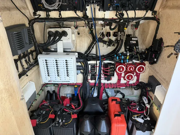  Yacht Photos Pics Electrical system of a 2012 Midnight Express 37 Open boat, showcasing wiring and components.