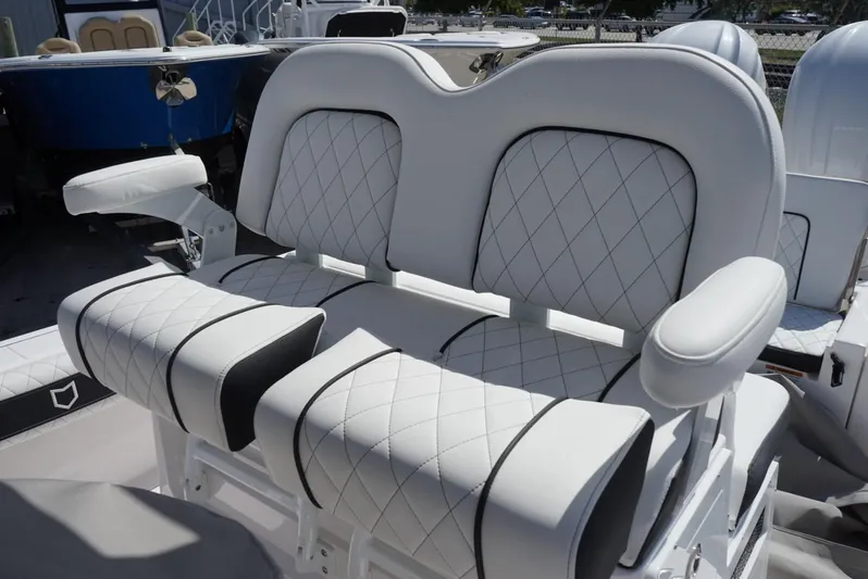  Yacht Photos Pics Luxurious seating on 2025 Sea Fox 282 Hybrid LT boat with diamond-stitched upholstery.