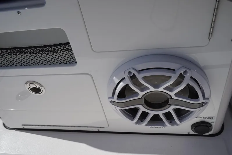  Yacht Photos Pics Speaker and storage compartment on 2025 Sea Fox 282 Hybrid LT boat.