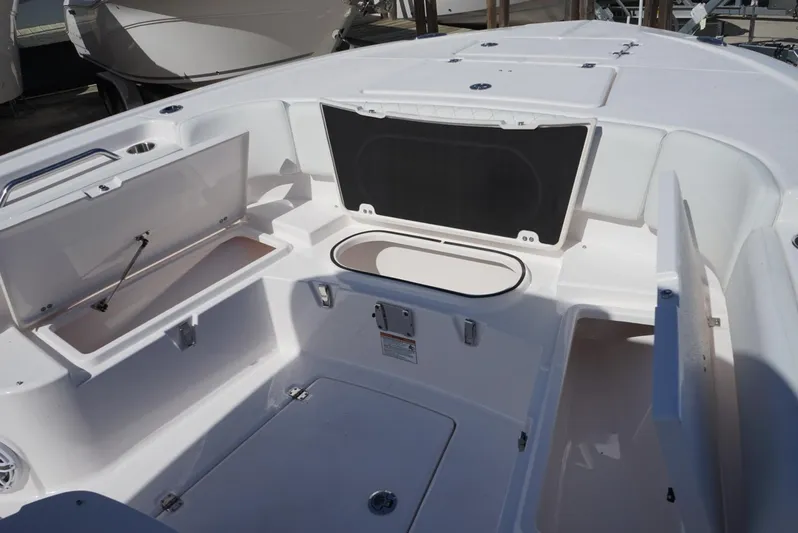  Yacht Photos Pics 2025 Sea Fox 282 Hybrid LT boat interior with open storage compartments.