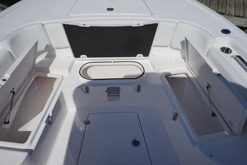  Yacht Photos Pics 2025 Sea Fox 282 Hybrid LT boat interior with open storage compartments.