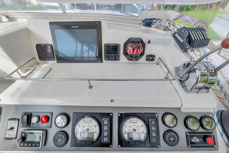  Yacht Photos Pics Control panel of a 2017 Leopard 40 yacht with navigation instruments and gauges.