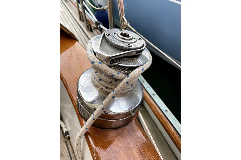Begonia Yacht Photos Pics Winch with rope on 1988 Custom Atkin & Lange Cutter sailboat deck.