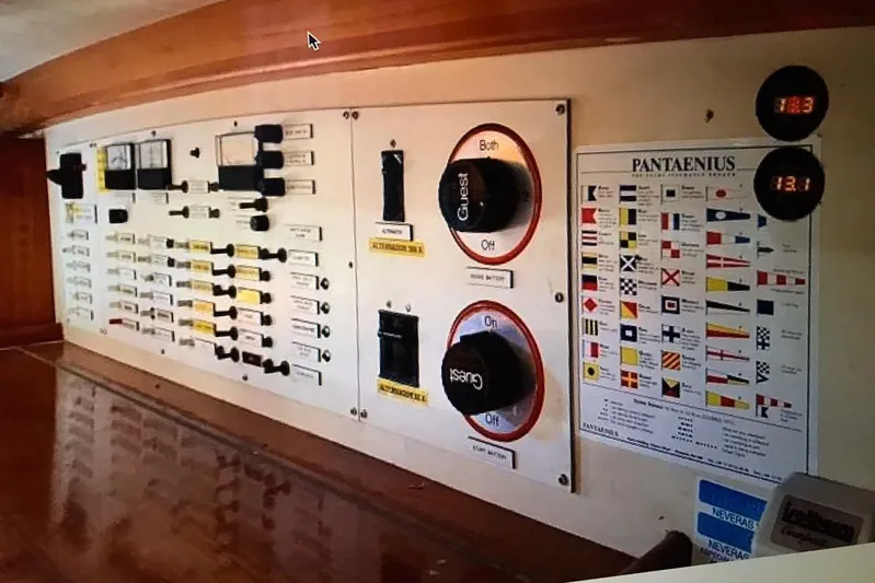 Begonia Yacht Photos Pics Electrical control panel on 1988 Custom Atkin & Lange Cutter with nautical flag chart.