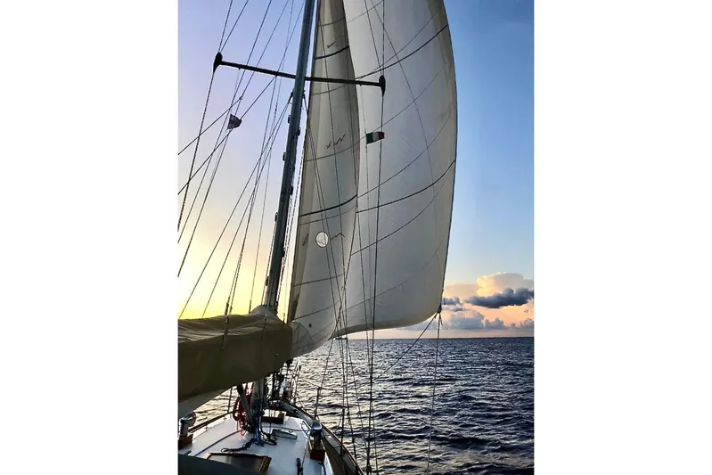 Begonia Yacht Photos Pics Sailing on a 1988 Custom Atkin & Lange Cutter at sunset over the ocean.